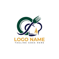 Elegant chef logo design with plate, fork, and flame perfect for restaurants, catering businesses, and food brands
