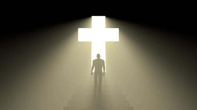 Man walking to the cross light &ndash; 3d render looped background.