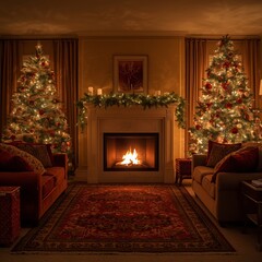 Festive Christmas Tree and Fireplace in Cozy Home