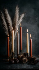 Intimate flat lay of tapered candles with natural decor