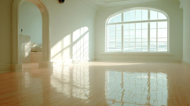 Bright and Spacious Empty Room with Polished Floors and Large Window. - Powered by Adobe