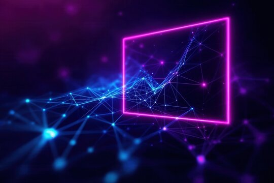 Abstract visualization of a glowing data network graph showing growth. Futuristic financial chart with an upward trend inside a neon frame. Technology and business success concept - Powered by Adobe