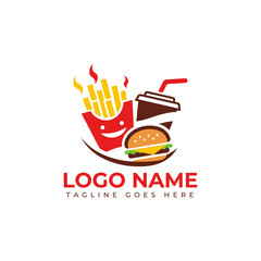 Delicious fast food logo featuring a burger, fries, and drink, perfect for restaurant branding and marketing needs