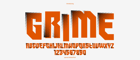Fototapeta na wymiar Halftone dotted futuristic cyberpunk font for logos and posters, vector brutal industrial typeface alphabet letters and numbers, urban technic future typography.