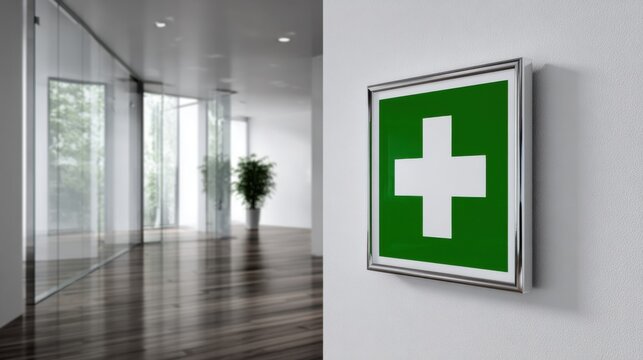 Green First Aid Sign in Modern Office Interior with Natural Light