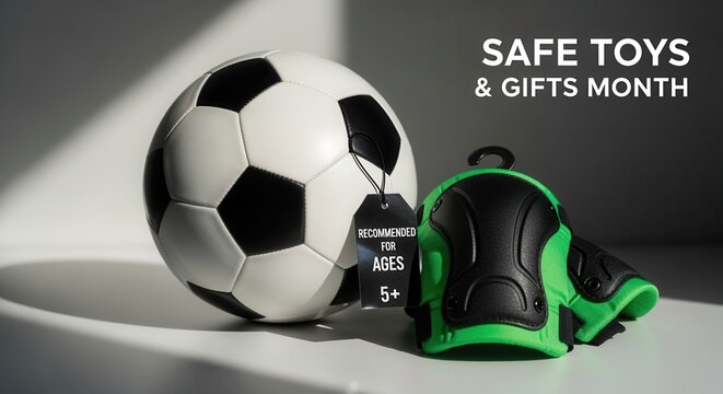 Safe Toys and Gifts Month concept with a soccer ball and protective knee pads. Child safety and injury prevention with an age recommendation tag. Sports equipment for safe play