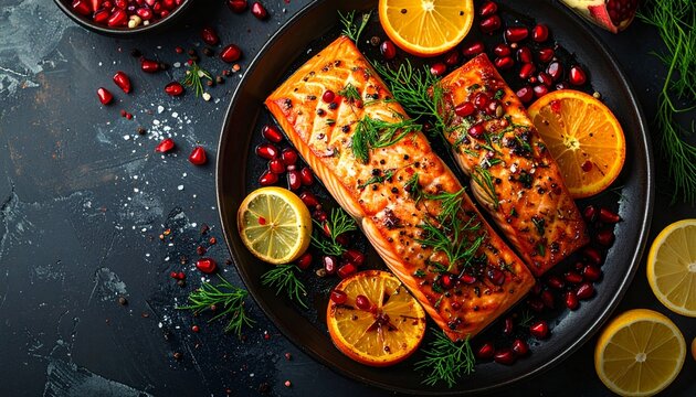 Pieczone filety z łososia z granatem, plasterkami pomarańczy i cytryn