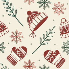 Seamless pattern with mittens, hats, scarves, and snowflakes. Festive background for birthday or holiday wrapping paper and event decoration, vector illustration.