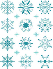 Blue geometric snowflake collection isolated on white background. Vector set of abstract blue snowflakes and winter stars