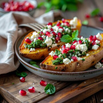 Pieczone bataty z fetą, pesto i granatem.