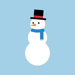 Cute Minimalist Snowman Icon with Top Hat, Blue Scarf, and Carrot Nose, Perfect for Festive Winter Holidays, Christmas Greetings, and Seasonal Decoration Graphics.