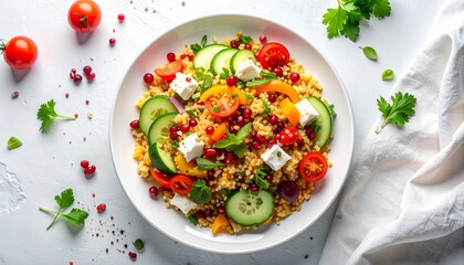 Sałatka z bulgurem z dodatkiem og&oacute;rka, papryki, pomidork&oacute;w koktajlowych, sera feta, i pestek granatu