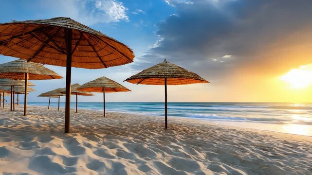 A serene beach scene featuring straw umbrellas standing tall against a beautiful sunset. The soft, golden sand and gentle waves create a perfect escape for leisure and relaxation.