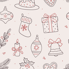 Christmas seamless pattern in linear sketch style.