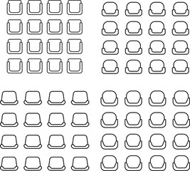 High-quality Design for seat plan, theater, restaurant, seminar, school, conference, wedding, reception, banquet top view, Chair, architectural plan with blueprint, customizable stroke and interior