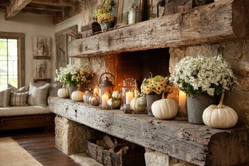 Cozy thanksgiving decor action rustic farmhouse fireplace setting morning ambiance warm atmosphere