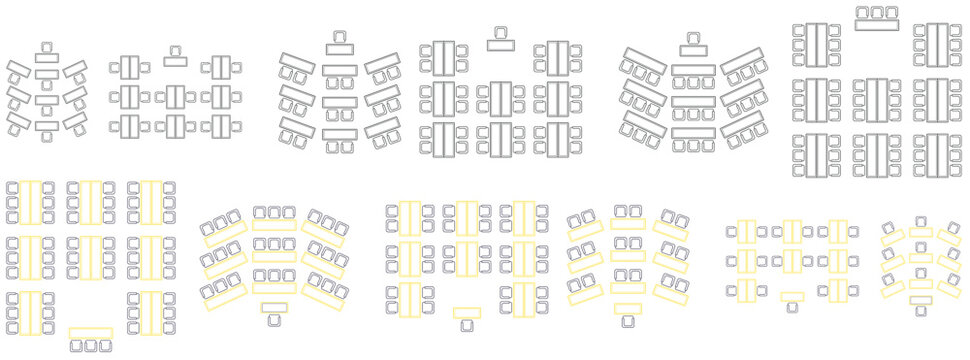 High-quality Design for seat plan, theater, restaurant, seminar, school, conference, wedding, reception, banquet top view, Chair and table, architectural plan with blueprint, customizable stroke
