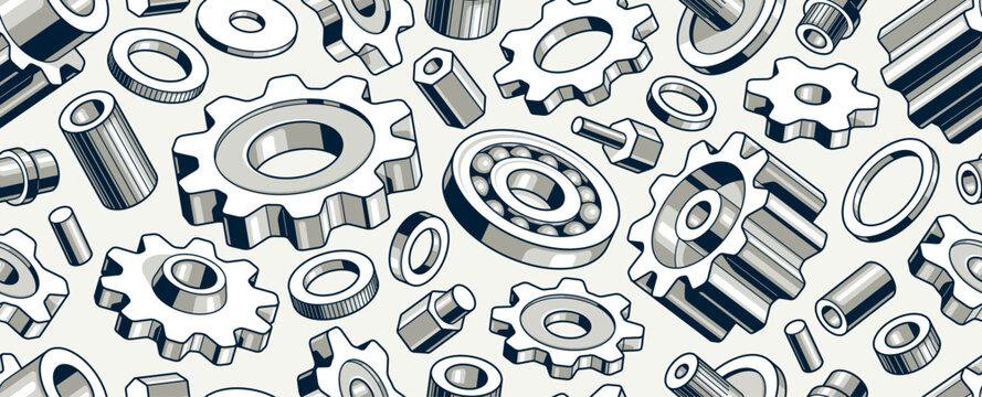 Gears and cogs seamless background, vector mechanical engineering endless wallpaper, fix and repair theme tiling pattern, elements can be used separately.