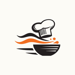 a simplified logo of a french chefs hat running with food