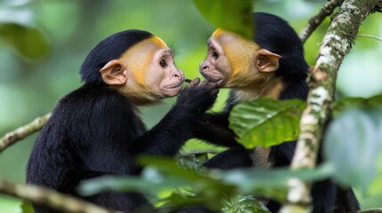 Naklejka premium Two Capuchin Monkeys Grooming Each Other In The Forest