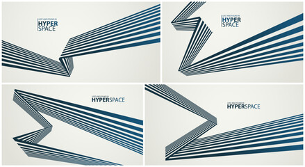 Lines in space perspective vector abstract background set, optical illusion surreal art, aggressive shapes and speed feeling, dynamic forceful motion, op art.