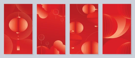 Gordijnen Bibliotheek Red Chinese New Year 2026 poster vector set with golden lanterns, firework sparkles and geometric patterns for festive greeting cards, banners and luxury print decoration  © TWINS DESIGN STUDIO