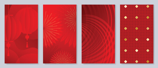 Red Chinese New Year 2026 poster vector set with golden lanterns, firework sparkles and geometric patterns for festive greeting cards, banners and luxury print decoration