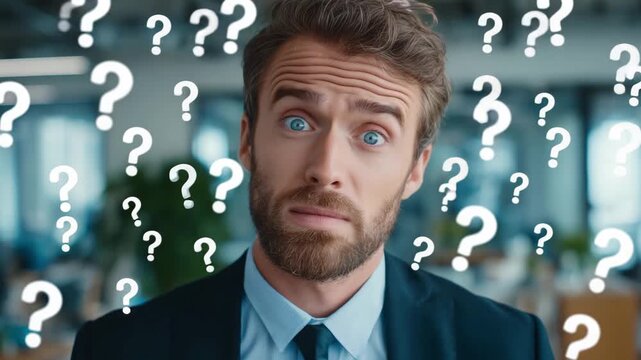 A businessman with a puzzled expression thinks deeply about important work related decisions in a contemporary office environment, with questinon marks in the air