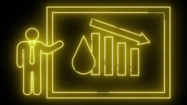 A neon sign shows a presenter a graph with bars a drop and a falling arrow on a black background