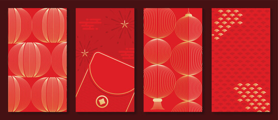 Red Chinese New Year 2026 poster vector set with golden lanterns, firework sparkles and geometric patterns for festive greeting cards, banners and luxury print decoration