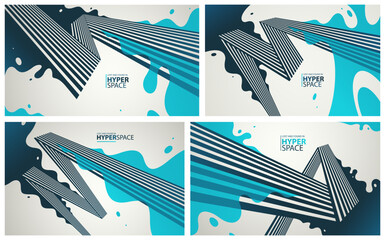 Blast of exploding lava over parallel lines in perspective vector abstract background set, concept of order converting to chaos as entropy is rising, surreal fluid splash.