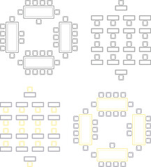 High-quality Design for seat plan, theater, restaurant, seminar, school, conference, wedding, reception, banquet top view, Chair and table, architectural plan with blueprint, customizable stroke