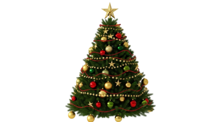 Decorated christmas tree isolated on transparent background for holiday season
