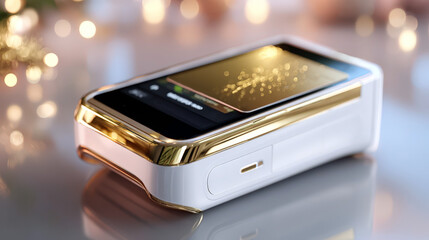 Macro view of sleek modern white payment terminal with golden accents for digital transactions and retail technology display