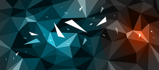 Dark black polygonal abstract background with color hot spotlights, 3D triangular surface and flying debris particles in motion, explosion force abstraction.