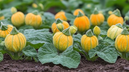 Yellow organic squash blossoms growing in a garden