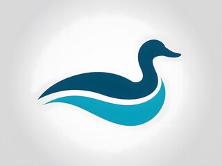 Stylized illustration of a duck swimming, depicted in shades of blue with a wave-like body, against a light gray background.
