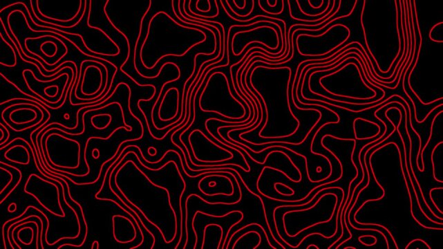 Abstract Seamless Loop of Glowing Red Topographic Map Lines Moving on a Black Background | Animated Digital Contour Grid Pattern for Gaming, Security, or Emergency