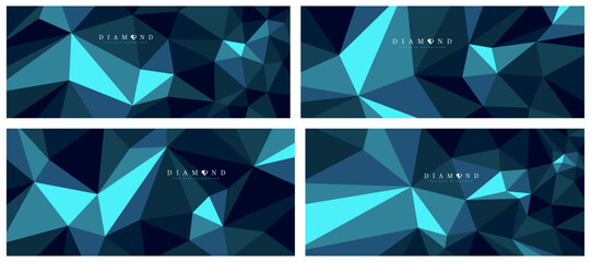 Diamond crystal dark polygonal vector abstract background set, 3D low poly black blue abstraction, triangular structure gemstone wallpaper, luxury theme.