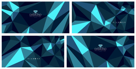 Diamond surface dark vector abstract background set, 3D low poly crystal abstraction, luxury style gem blue color backdrop, polygonal abstract structure.