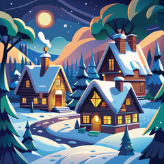 Winter village illustration with snowy houses under a night sky