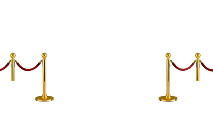 Four polished brass stanchions with crimson rope barriers, crowd control posts, luxury event equipment in perspective view on white, isolated on a transparent background