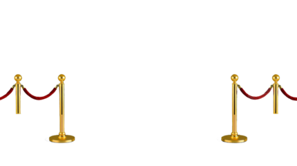 Four polished brass stanchions with crimson rope barriers, crowd control posts, luxury event equipment in perspective view on white, isolated on a transparent background