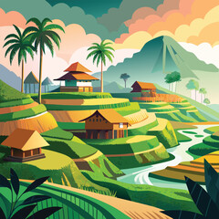 Lush Rice Terraces with Traditional Houses and Palm Trees View