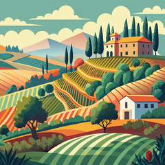 Colorful Tuscany Landscape with Vineyards, Trees, and Buildings Illustration colorful