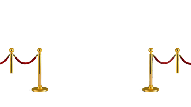 Four polished brass stanchions with crimson rope barriers, crowd control posts, luxury event equipment in perspective view on white, isolated on a transparent background