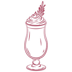 Christmas latte glass with creamy and rosemary. Glass for Xmas, New year or winter holidays. Vector line art winter warming drink. Glass of latte with cream on top
