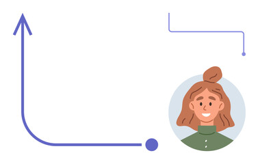 Upward arrow representing progress and a circular portrait of a smiling woman. Ideal for career growth, personal development, motivation, aspirations, leadership, success, and teamwork. Simple flat