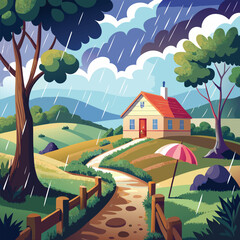 Rainy day countryside house with umbrella, trees, and winding path