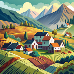 Serene Mountain Landscape with Charming Farmhouses serene mountain landscape with